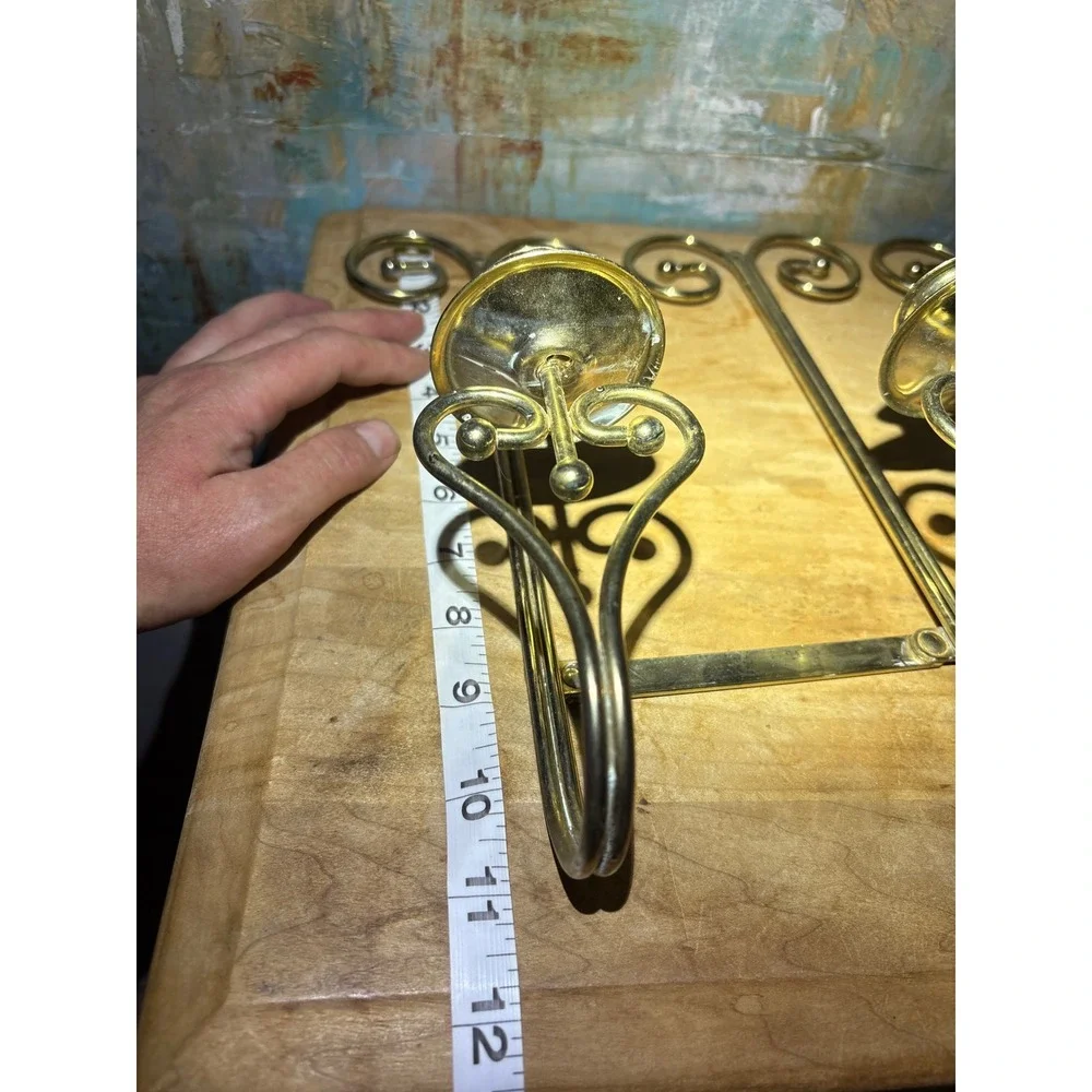 Vintage Brass Triple Wall Sconce Taper Candle Holder Folding Scrollwork Heart
